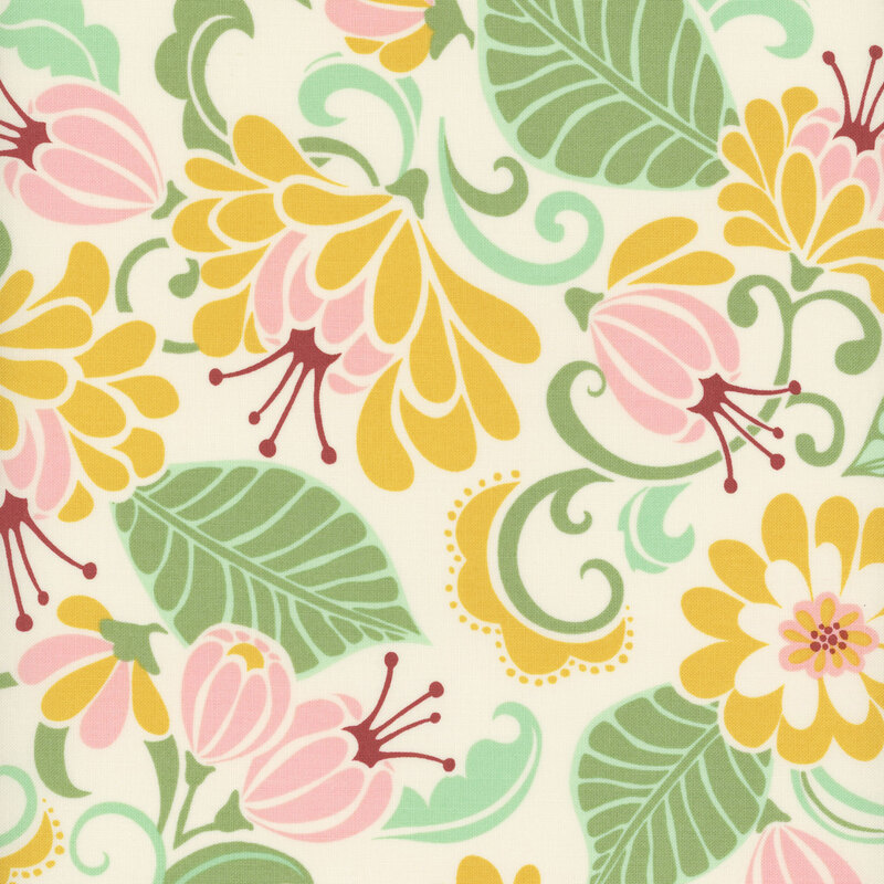 A cream colored fabric with stylized flowers in shades of green, yellow, and pink.