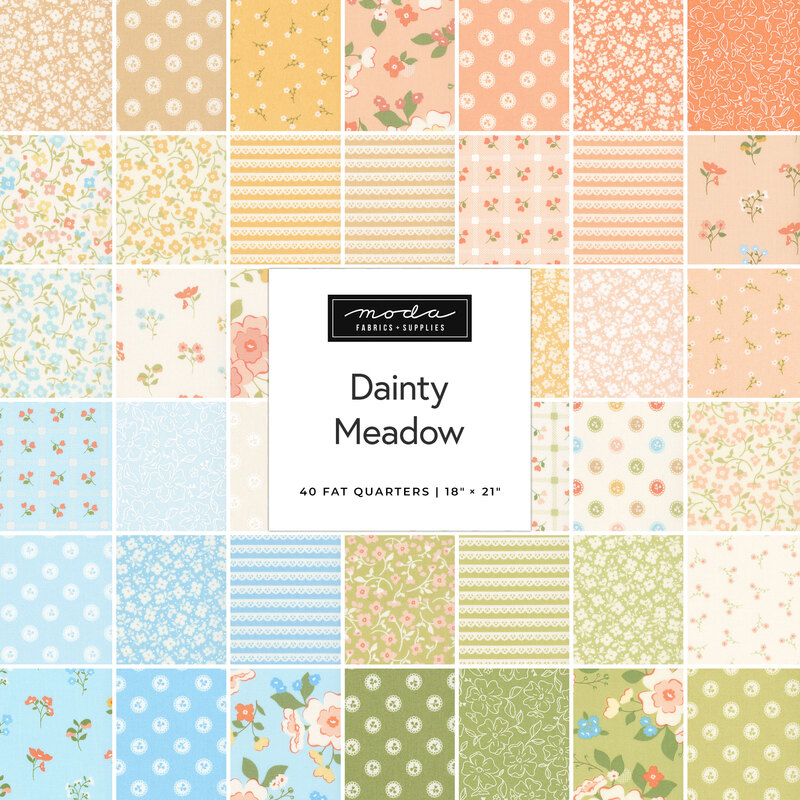 A pastel rainbow collage of the floral calico fabrics included in the Dainty Meadow collection.