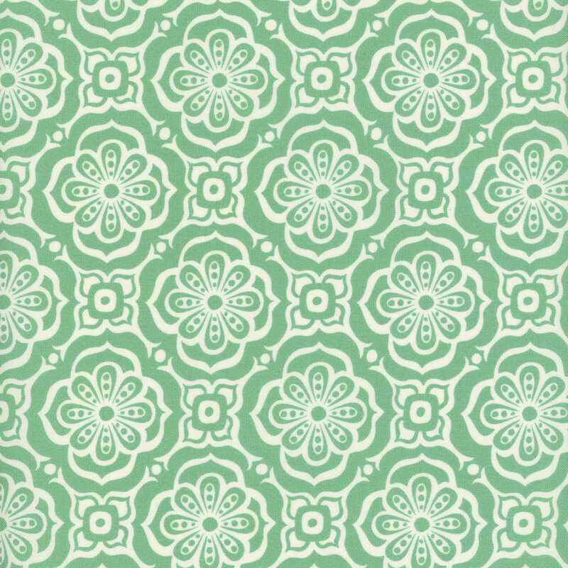 Aqua fabric with a cream-colored floral tile pattern.