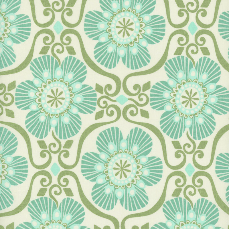 A cream-colored fabric with an aqua and green floral tile pattern.