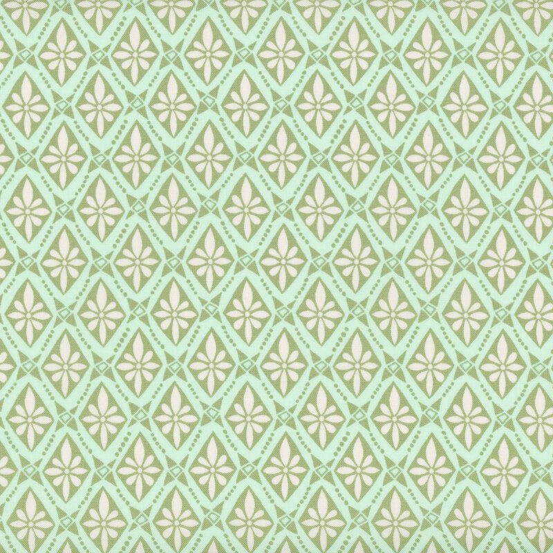 Aqua fabric with a green and cream floral tile pattern.