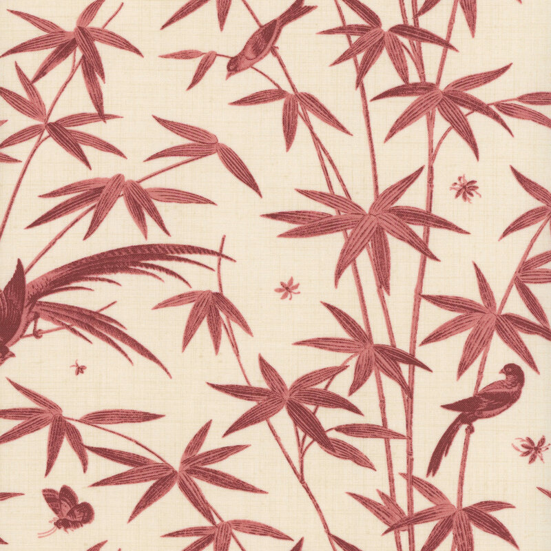 Cream fabric featuring red colored birds and bamboo shoots