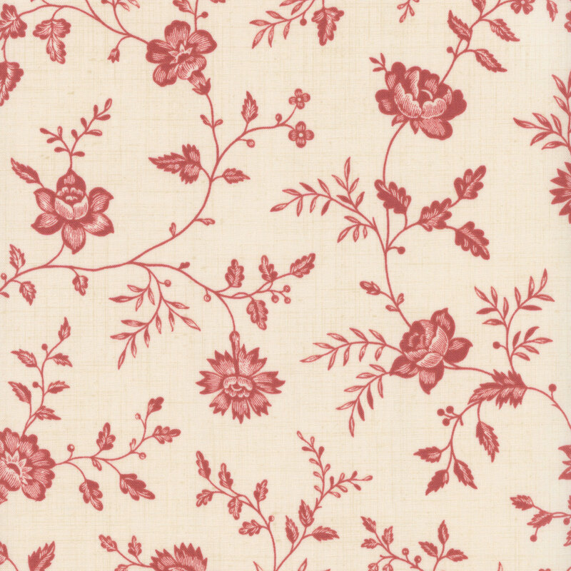 Cream fabric featuring vines of pink flowers