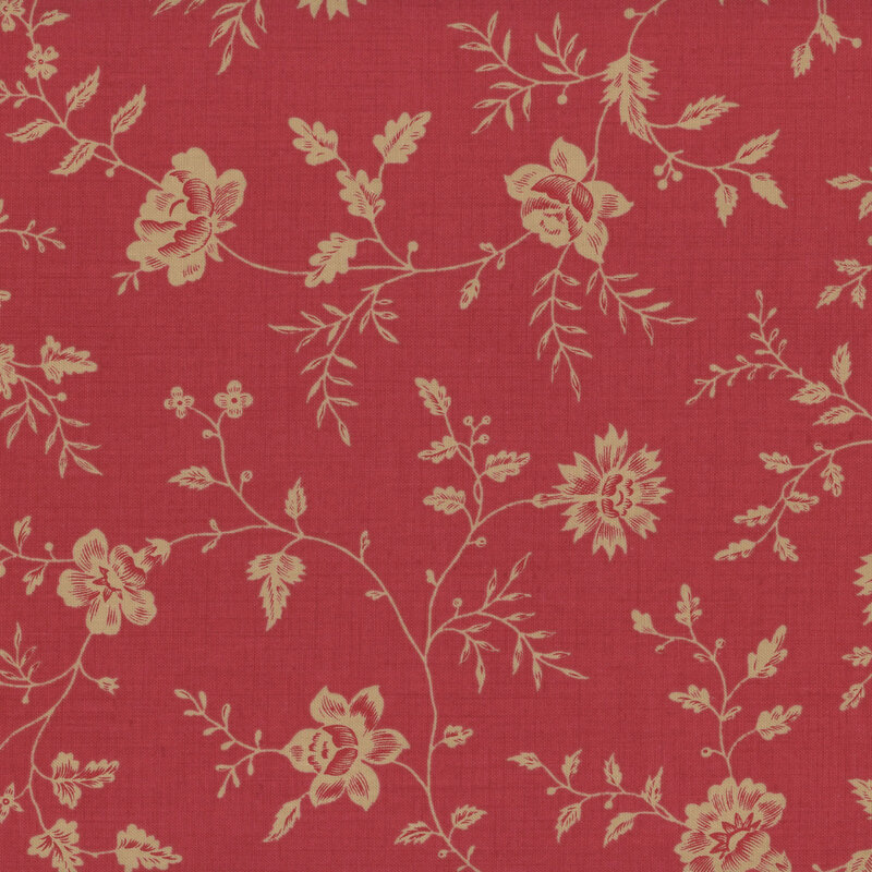 Red fabric featuring vines of gray flowers