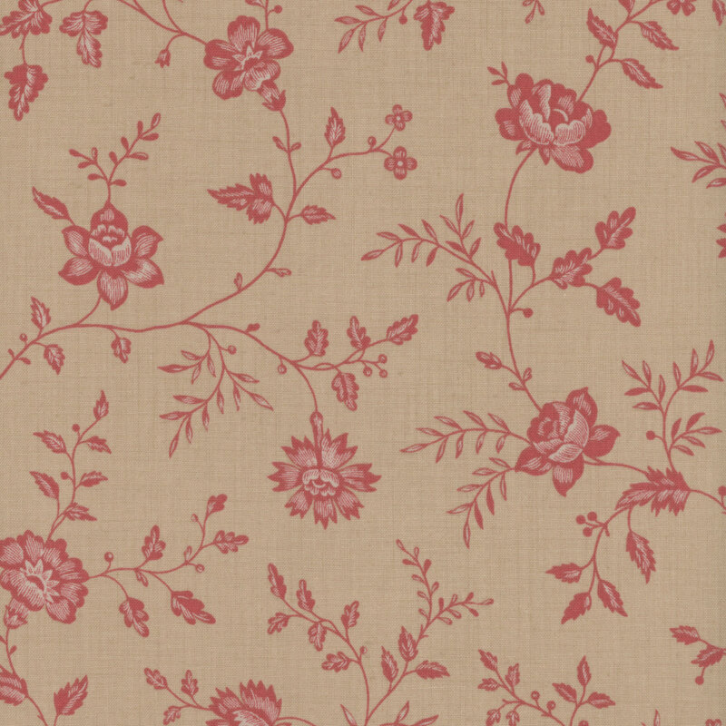 Gray fabric featuring vines of pink flowers