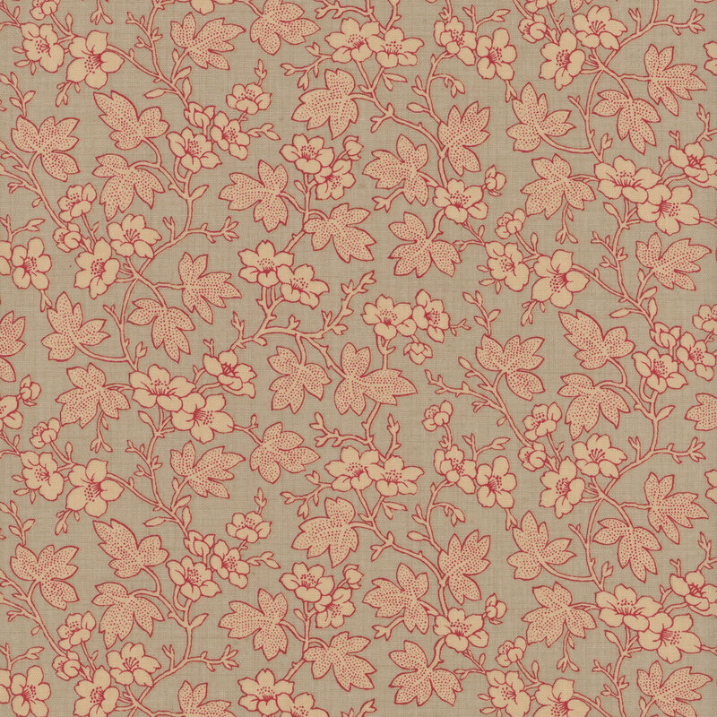 Gray fabric featuring cream leaves and flowers outlined in pink