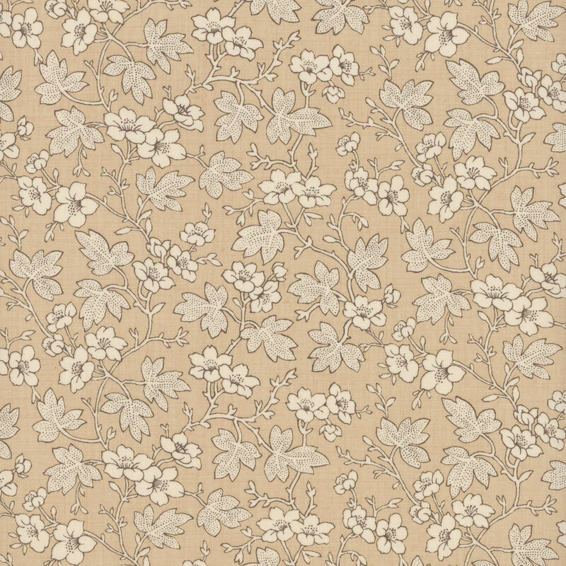 dark cream fabric featuring cream leaves and flowers