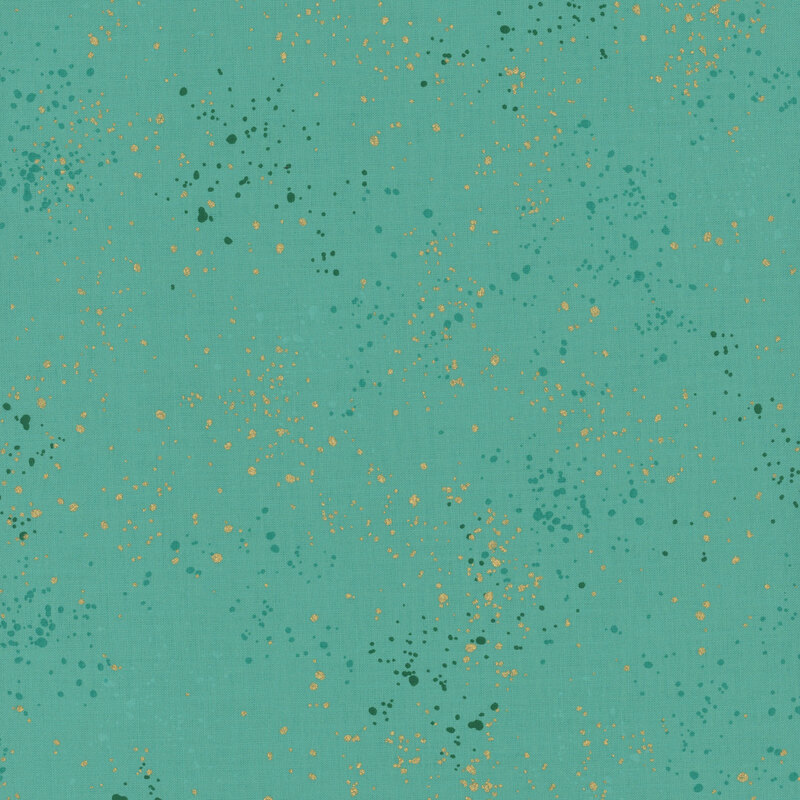 Turquoise fabric featuring dark teal, aqua, and gold metallic speckles throughout