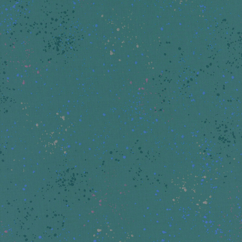 Dark teal fabric featuring varying shades of blue, tan, pink, and brown speckles throughout