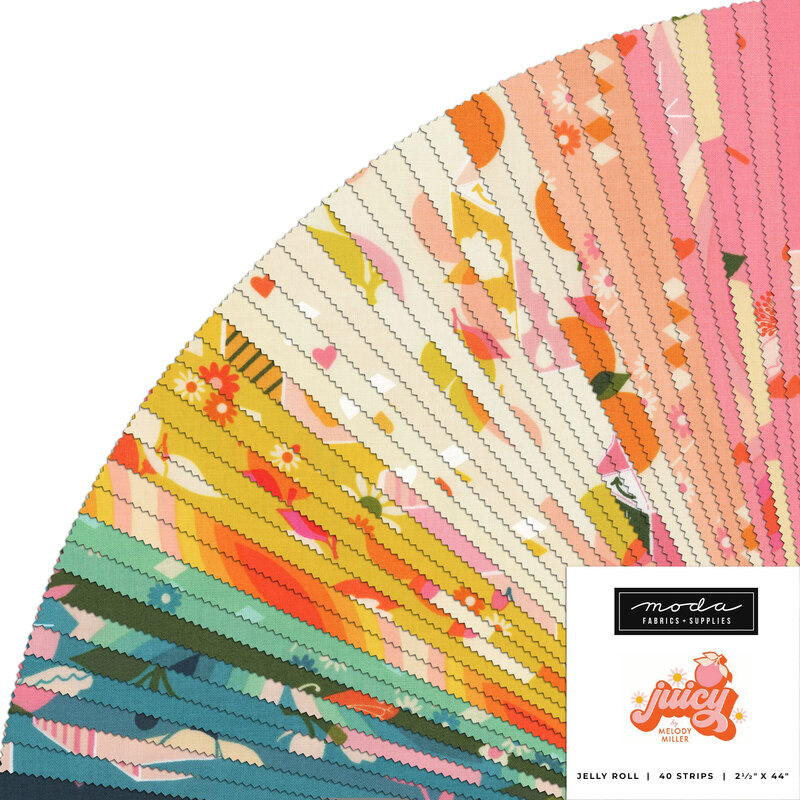 A fanned collage of bright, retro themed fabrics included in the Juicy collection by Ruby Star Society for Moda Fabrics