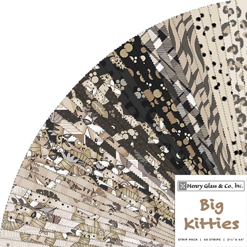 Collage of the neutral brown and gray lion, tiger, and cheetah themed fabrics included in the Big Kitties collection.