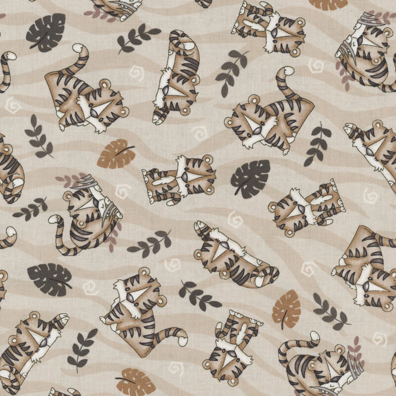 Beige tiger print fabric with a muted pattern of tigers with jungle leaves.