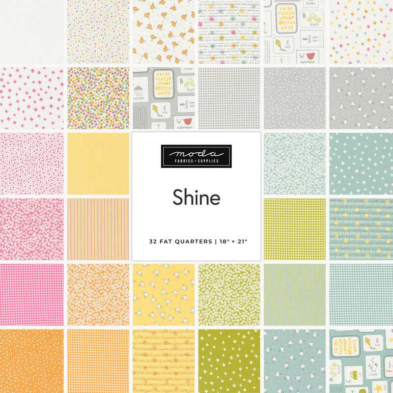 A collage of bright pink, orange, yellow, green, and teal fabrics in the Shine collection by Sweetwater for Moda Fabrics
