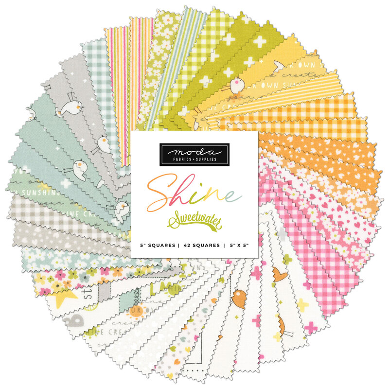 A spiraled collage of green, yellow, pink, white, and light blue fabrics in the Shine Charm Pack