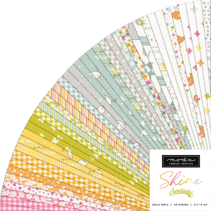 A fanned collage of green, yellow, pink, white, and light blue fabrics in the Shine Jelly Roll