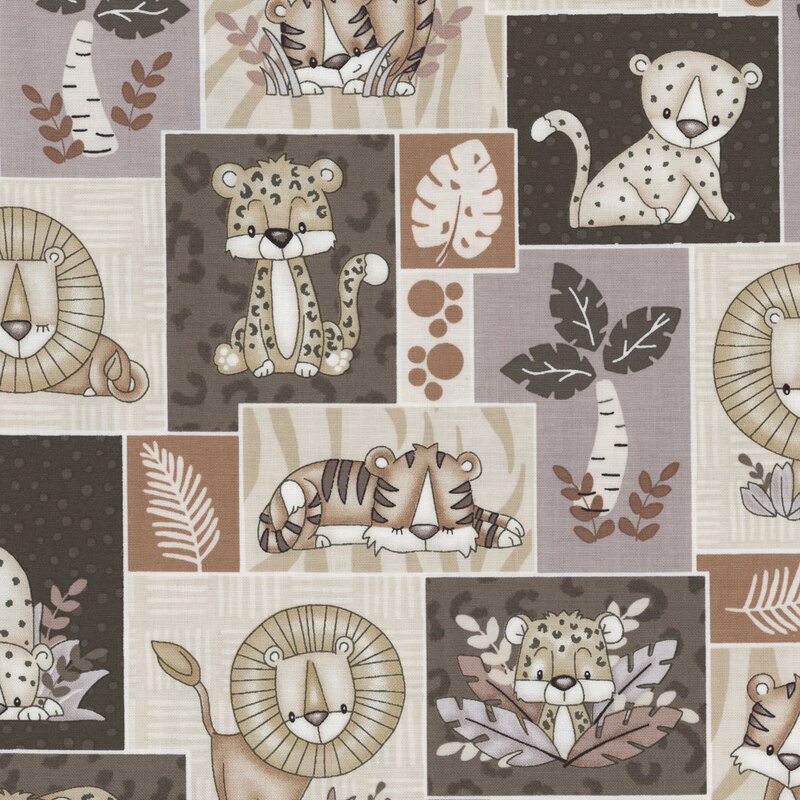 Patchwork animal prints fabric with a pattern of blocks of lions, tigers, leopards, and cheetahs.