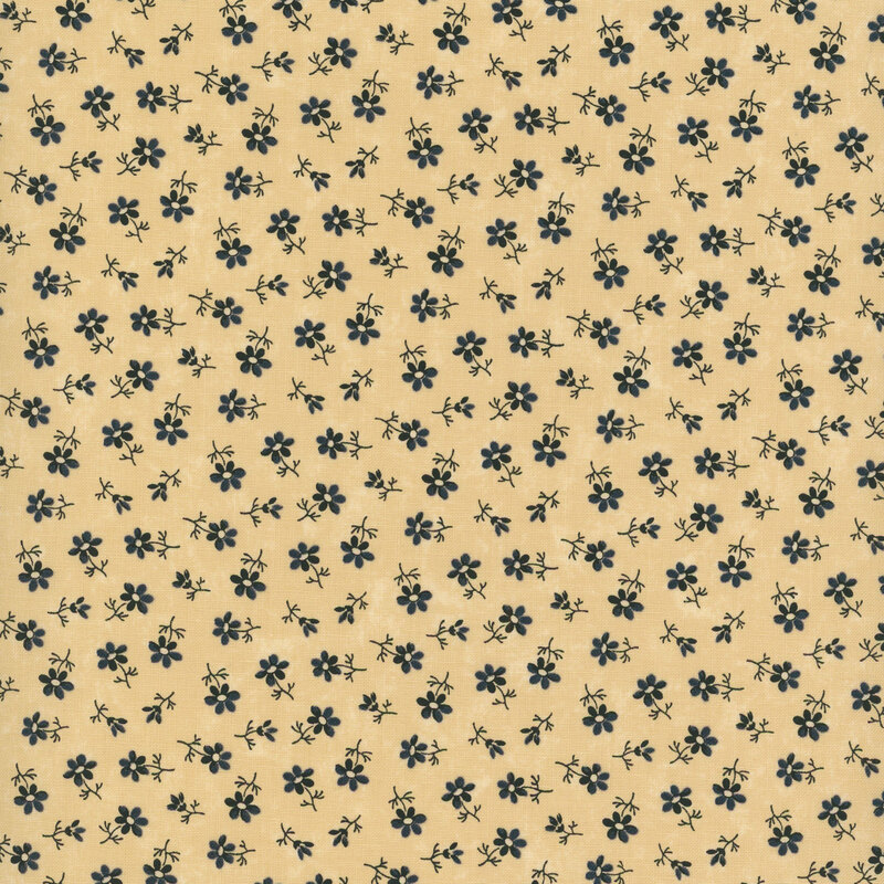 Tan fabric with small, navy blue florals all over