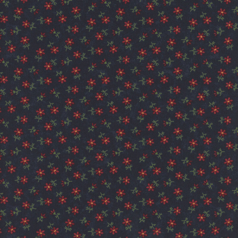 Deep navy blue fabric with small, red and green florals all over