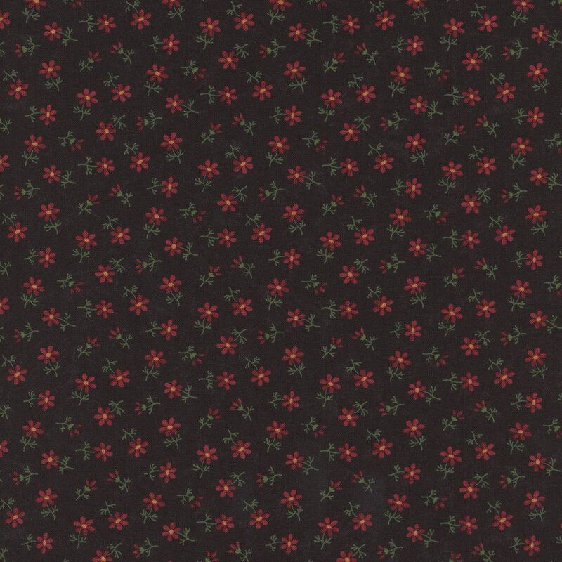 Black fabric with small, red and green florals all over