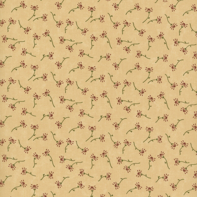 Mottled light tan fabric with red florals with green stems all over