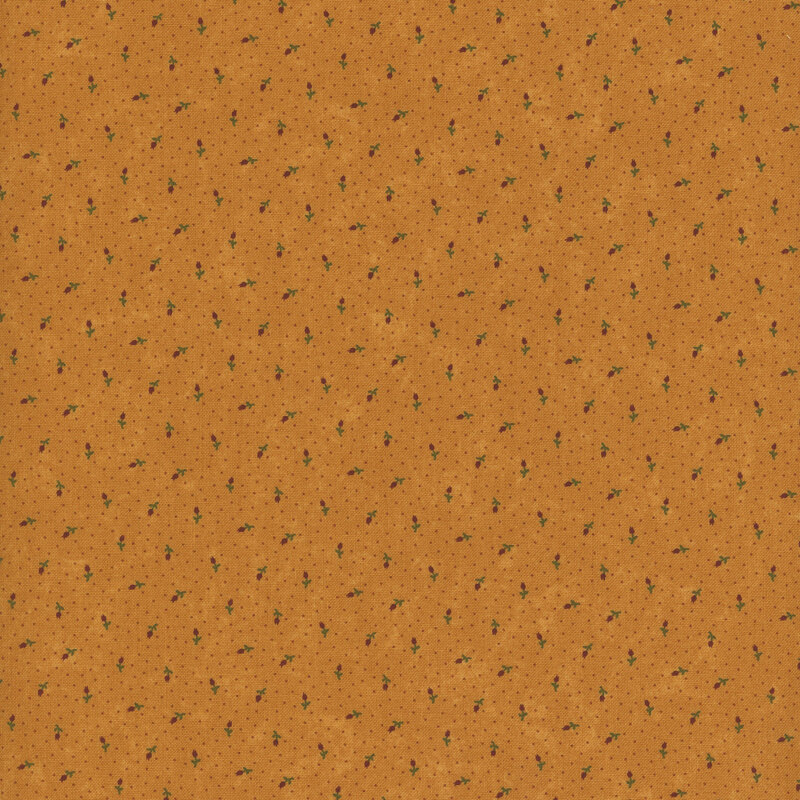 Copper orange fabric with ditsy florals and subtle pin dots against a lightly mottled background