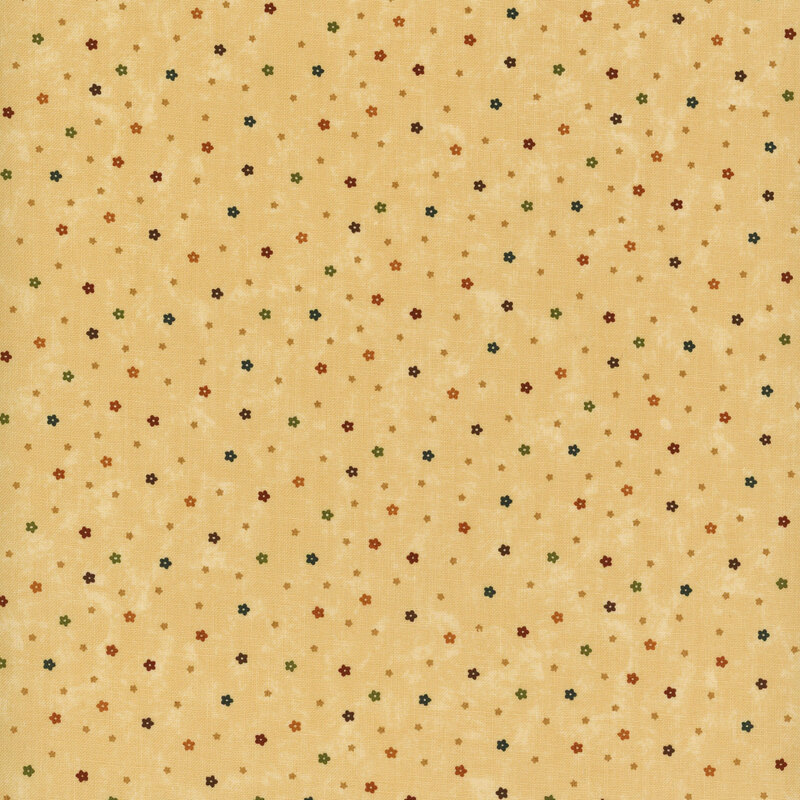 Tan fabric with tiny florals in a variety of colors throughout