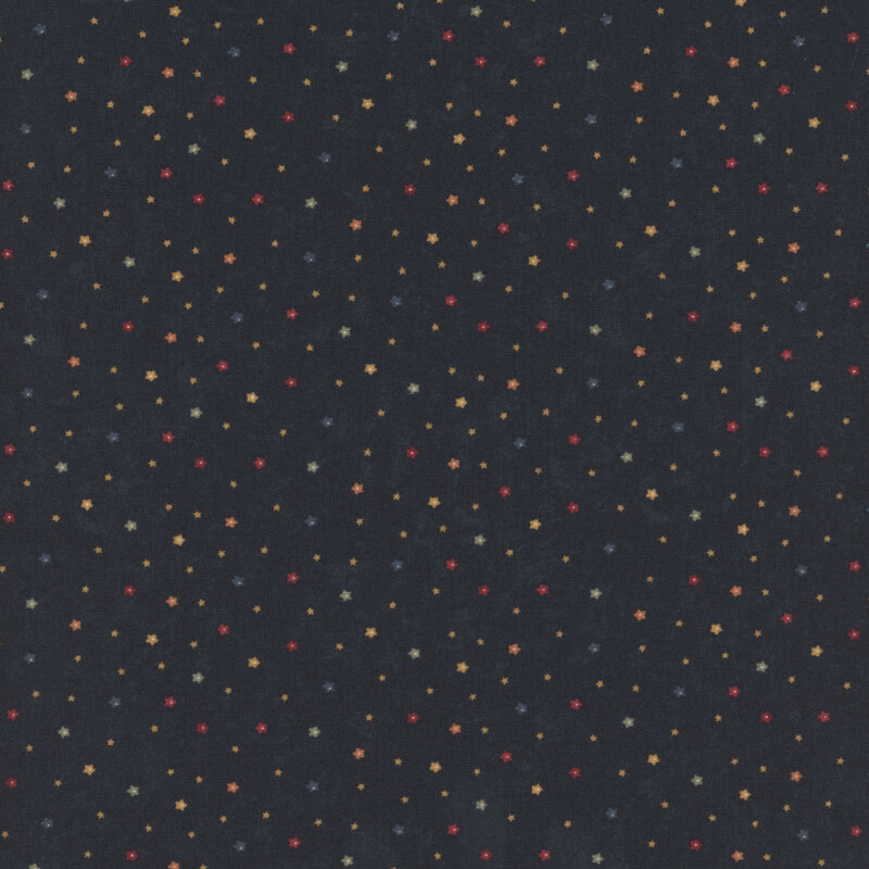 Navy blue fabric with tiny florals in a variety of colors throughout