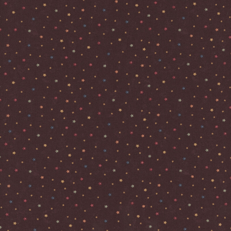 Deep purple brown fabric with tiny florals in a variety of colors throughout