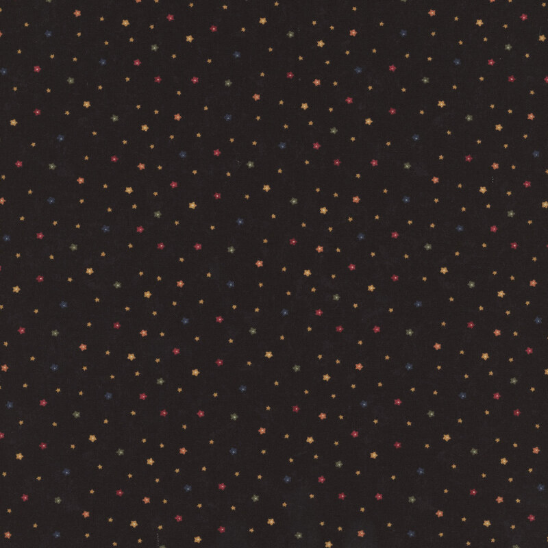 Black fabric with tiny florals in a variety of colors throughout