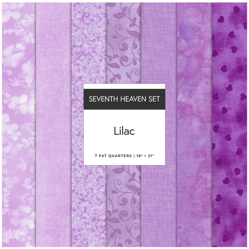 A collage of 7 purple fabrics in the Lilac seventh heaven set