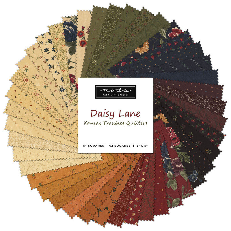 A collage of red, green, tan, blue, and purple fabrics in the Daisy Lane collection