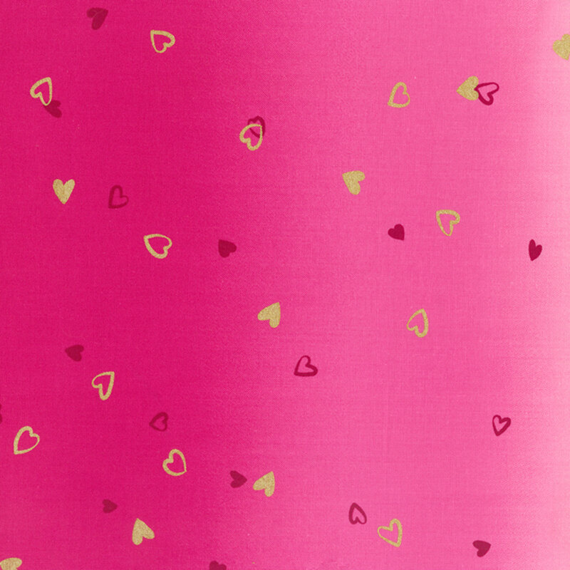 Hot pink fabric featuring an ombre design with small metallic and dark magenta hearts