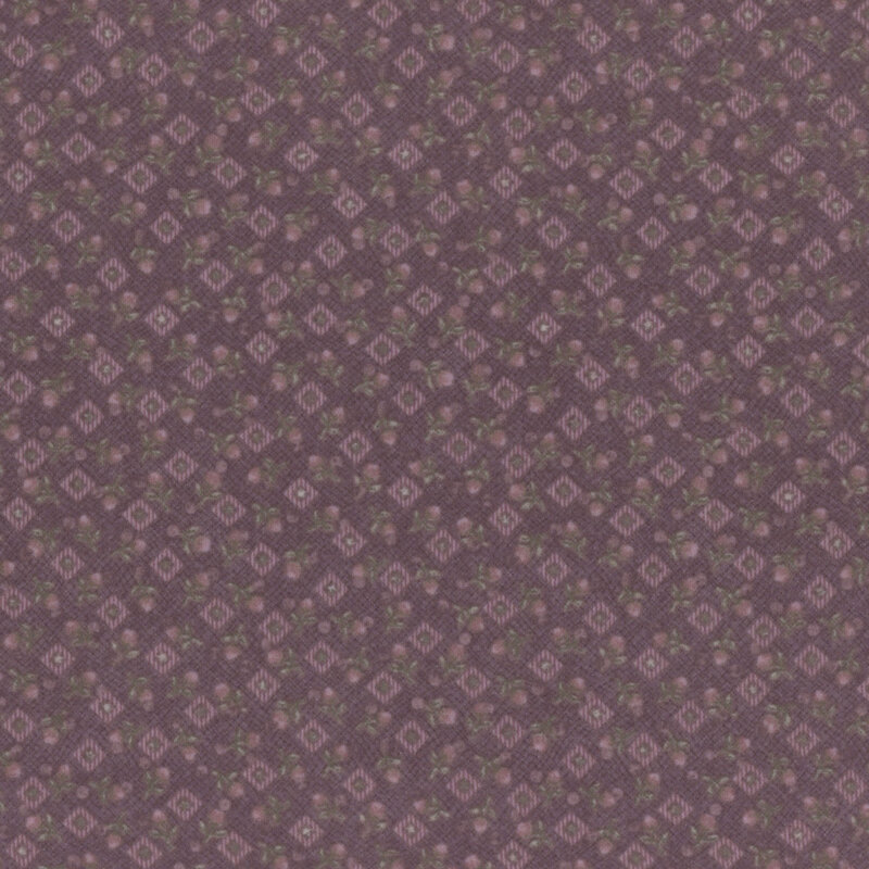 purple fabric featuring scattered diamonds and roses on a wavy grid-like background