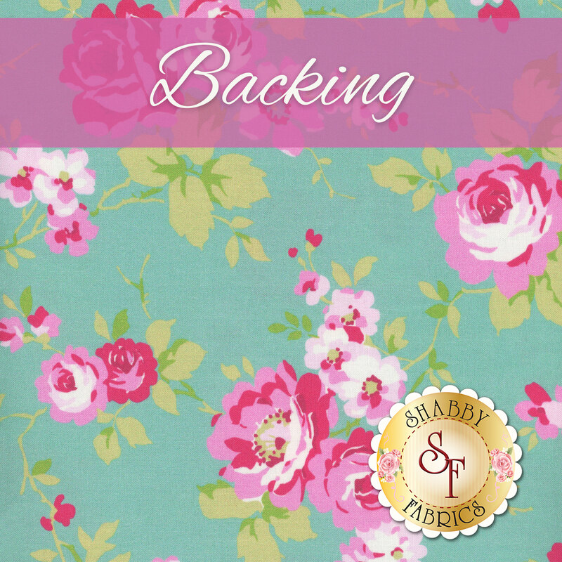 Swatch of a bright aqua fabric with tossed pink roses and green leaves. A pink banner at the top reads 