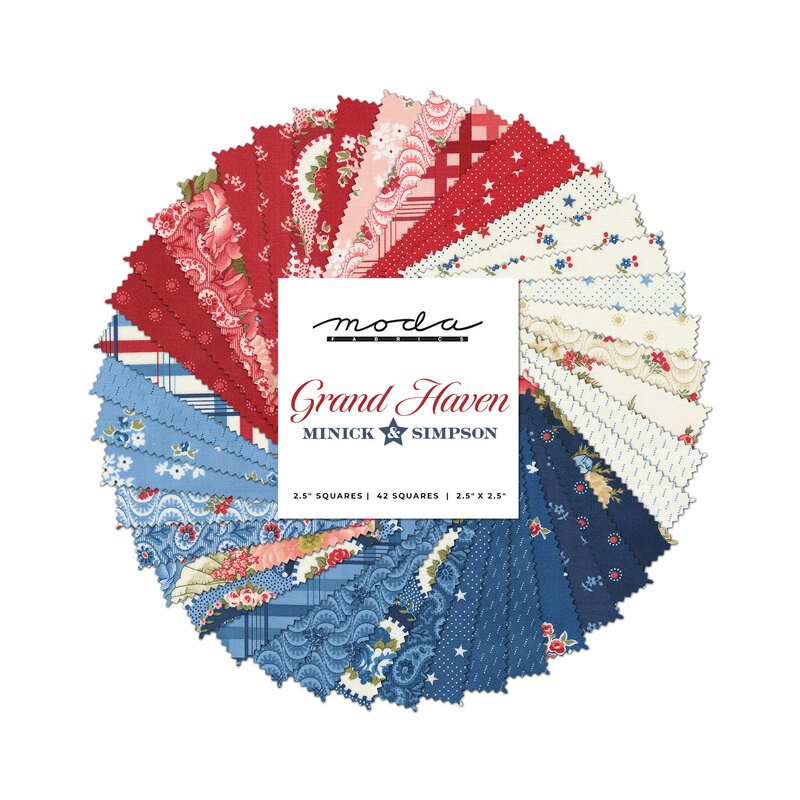 Digital collage of the featured fabrics in the Grand Haven mini charm pack.