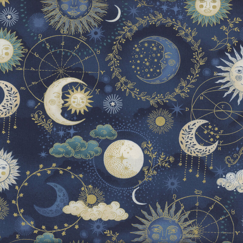 Dark blue fabric featuring a celestial sky covered in moons, suns, stars clouds and otherworldly elements