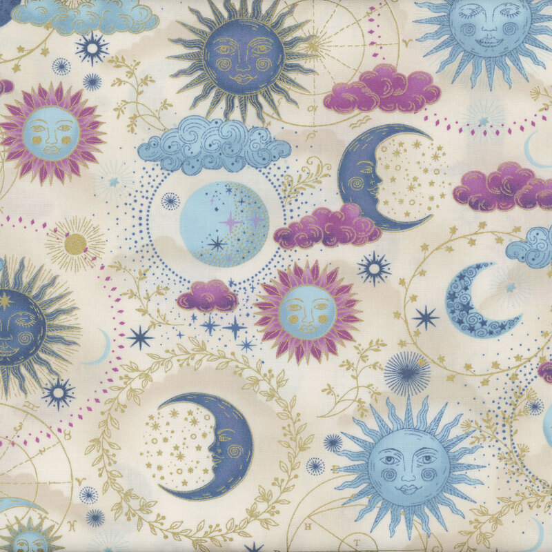 Cream fabric featuring a celestial sky covered in moons, suns, stars, clouds, and otherworldly elements.