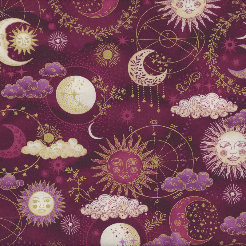 Magenta fabric featuring a celestial sky covered in moons, suns, stars, clouds, and otherworldly elements.