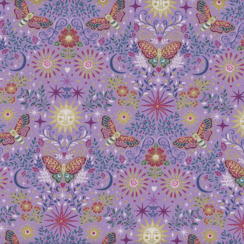 Purple fabric featuring butterflies, stars, suns, moons, and florals