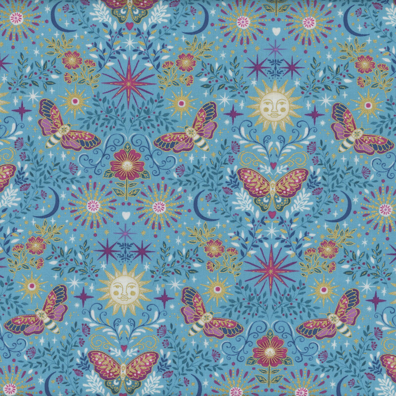 Aqua Blue fabric featuring butterflies, stars, suns, moons, and florals