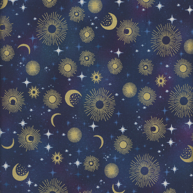 Mottled blue fabric featuring a starry sky filled with stars and moons