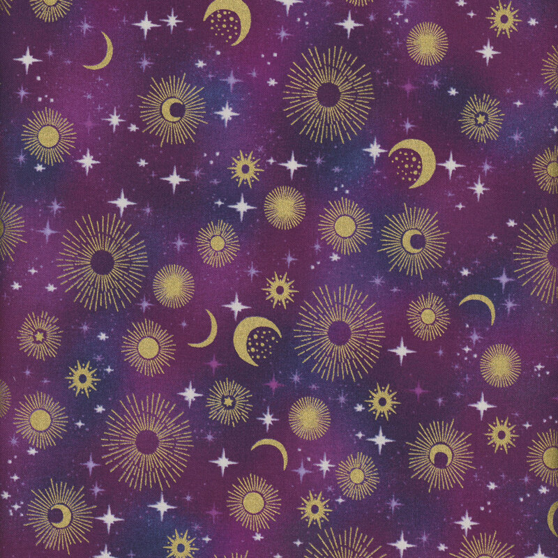 Mottled purple fabric featuring a starry sky filled with stars and moons