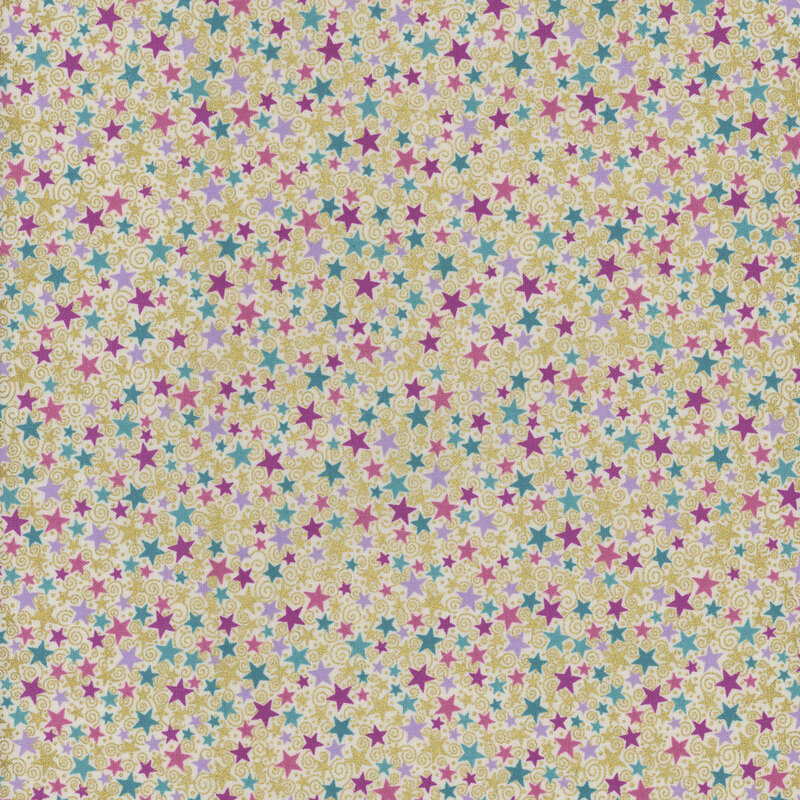 Cream fabric featuring a packed design of small multicolored stars