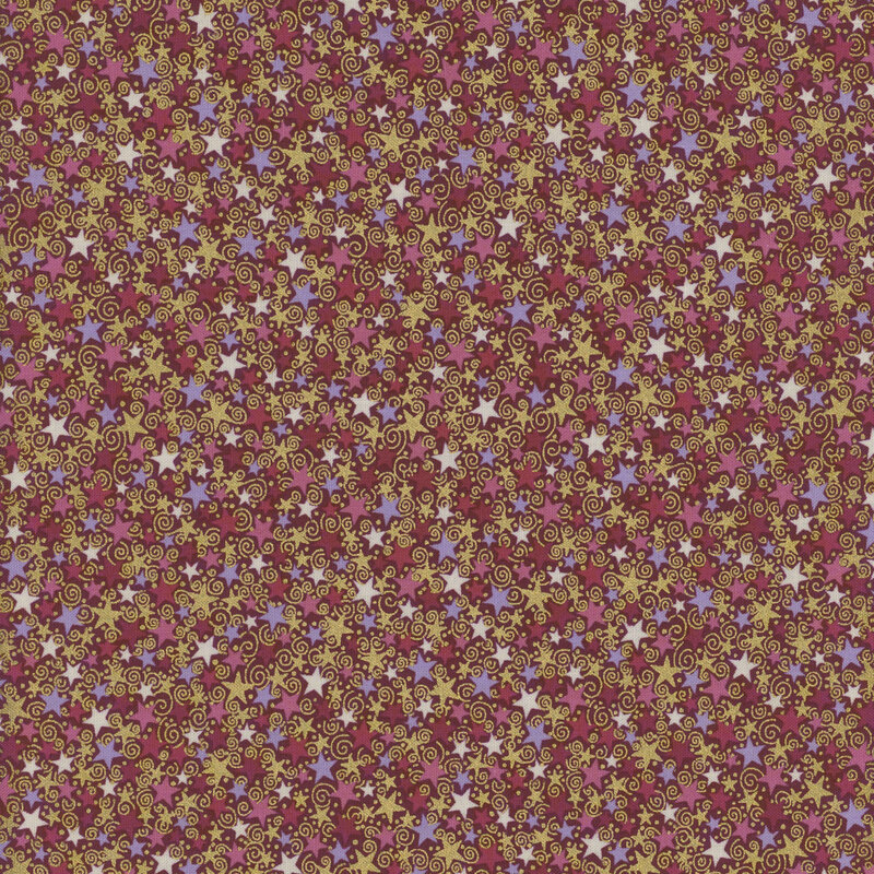 Magenta fabric featuring a packed design of small multicolored stars