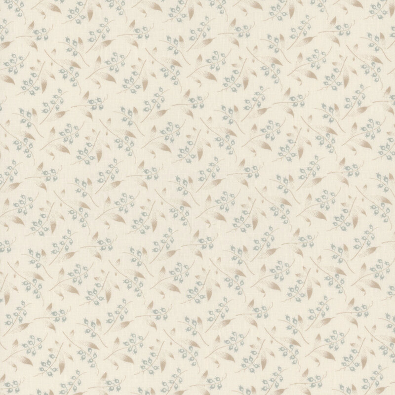 Cream fabric featuring leaves and blue flower buds