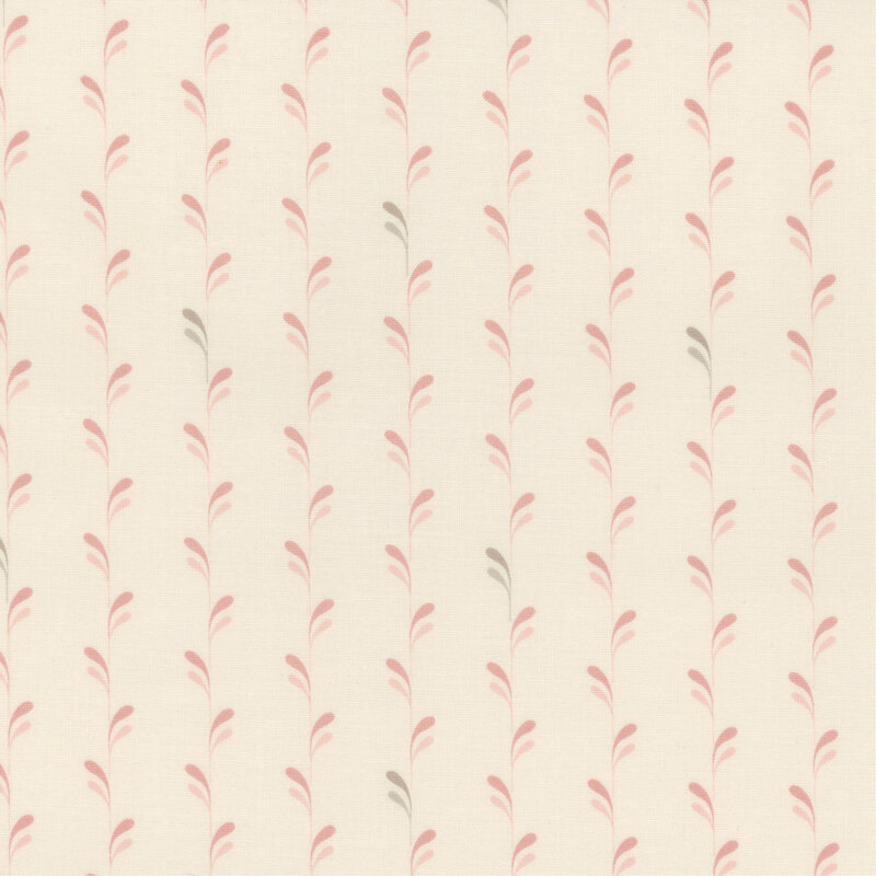 Light cream fabric with repeating stripes made of light pink vines and leaves