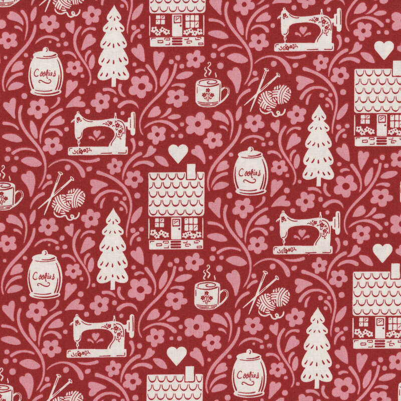 Section of fabric with off white cottages, sewing machines, jars of honey, and hearts against a bold red background