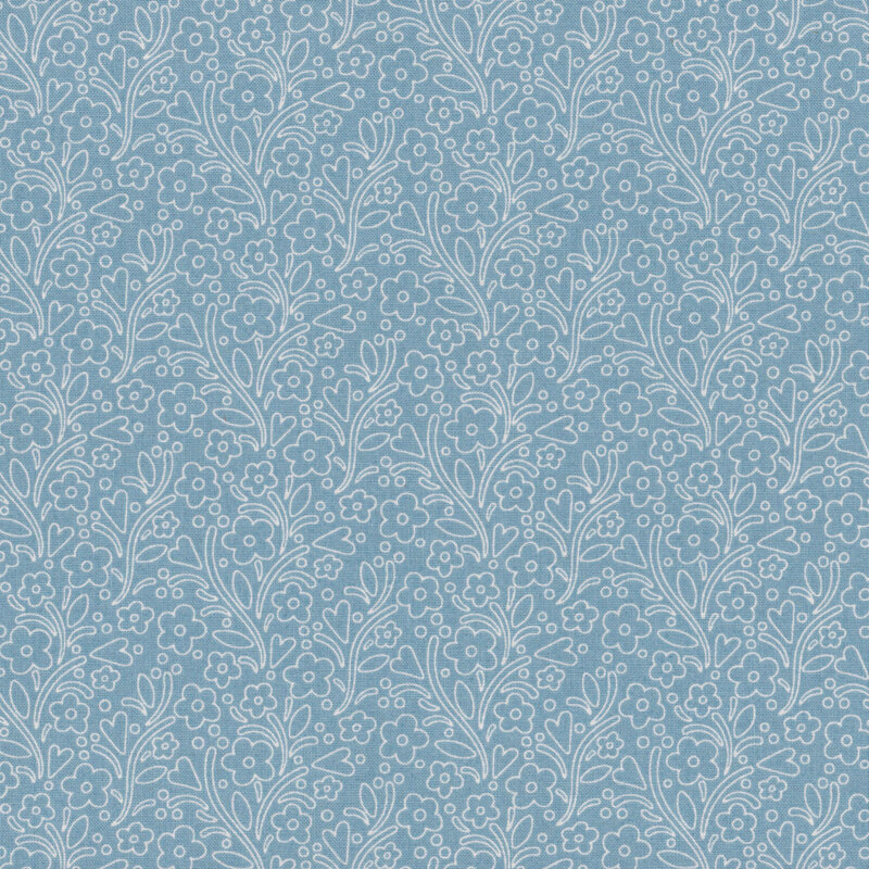 Light blue fabric with cream outlines of hearts, flowers, leaves, and vines throughout