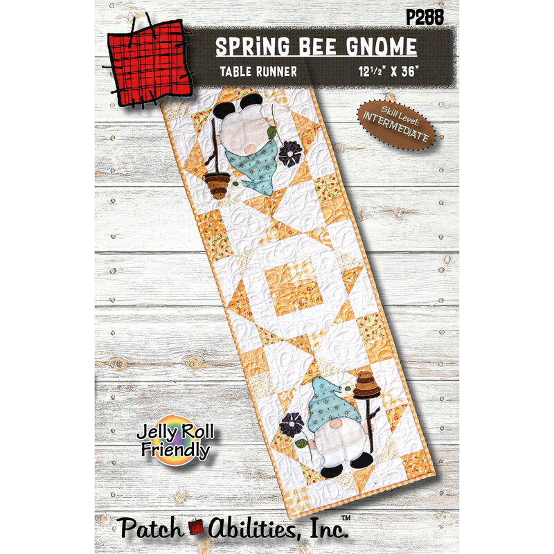 Front of the Spring Bee Gnomes table runner pattern featuring gnomes