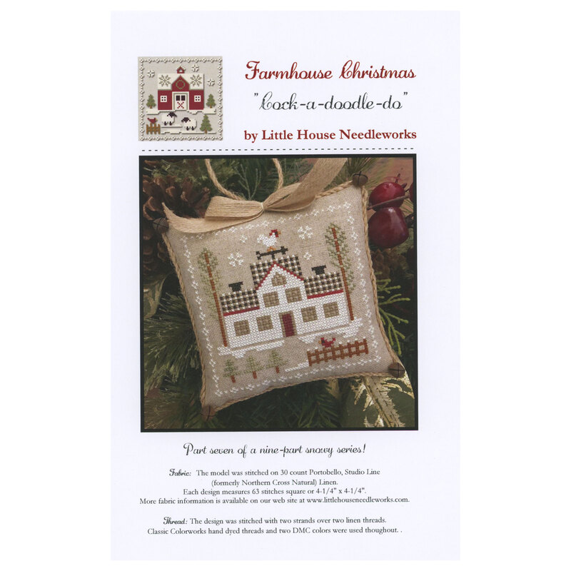 Front of pattern showing the completed small cross stitch ornament staged on the branch of a Christmas tree